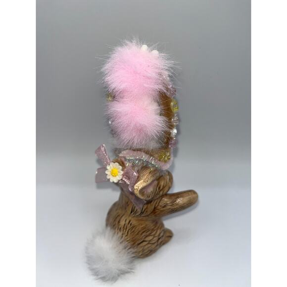 Vintage Ceramic Dancing Easter Bunny With Poof Faux Fur Flower Hat Deb O. OOAK - Picture 10 of 16